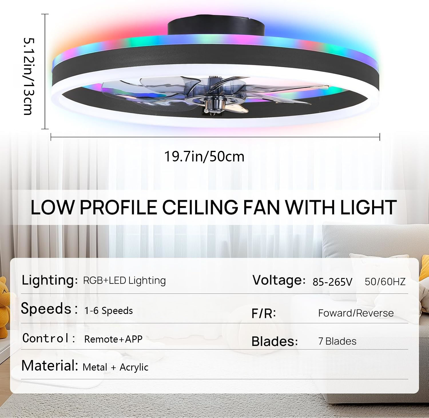 Smart Home Ventilation System - RGB Smart Ceiling Fan Light 6-speed